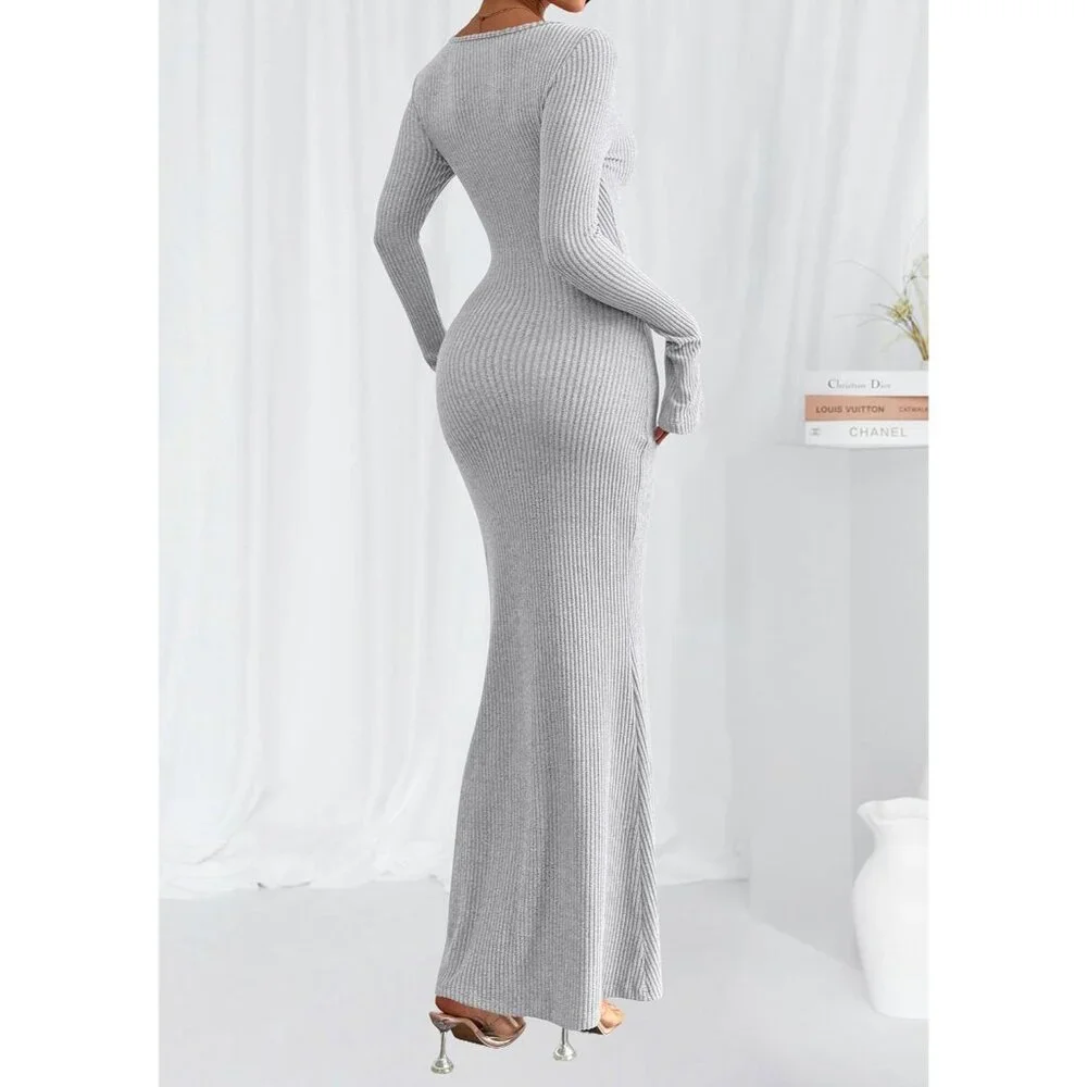 Women's Grey Long Sleeve Ribbed Knit Boat Neck Bodycon Casual Maxi Dress - Picture 4 of 8